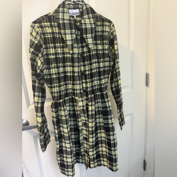 GANNI Seersucker Check Smocked Shirt Dress Size 34 (US2) - Picture 5 of 8